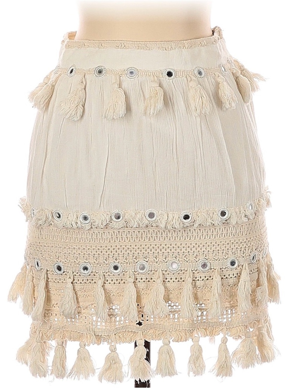 RAGA Cream Tassel Crochet Mini Skirt